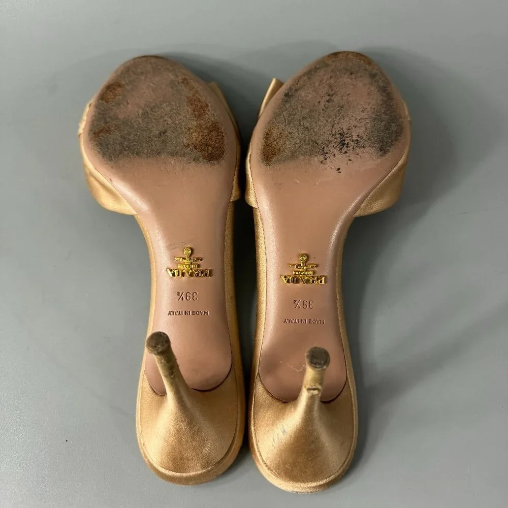Authentic Prada Gold Silk Evening Mules with Asymmetric Bow, Size 39 1/2 - Picture 10 of 14
